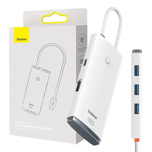 Baseus Lite Series 5 az 1-ben hub, USB-C - 4x USB 3.0 + USB-C + HDMI (fehér)