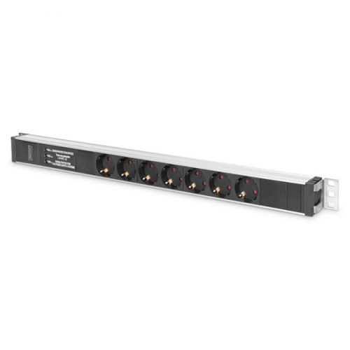 DIGITUS 1U PDU 230V 16A 7xCEE 7/3 aljzat CEE7/7 csatlakozó túlfeszültség védelemmel és vonalszűrővel 2M elosztósor