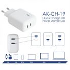 Akyga 2x USB-C PD 5-12V / max. 3A 40W Quick Charge 3.0 gyorstöltő