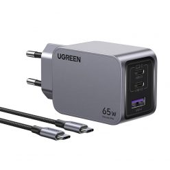   Wall charger Ugreen Nexode Pro, USB + 2x USB-C, 65W + USB-C cable 1.5m (black)