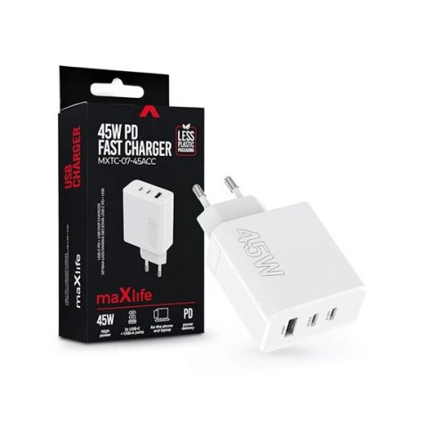 Maxlife ML081094 45W 2xType-C + USB fehér gyorstöltő adapter