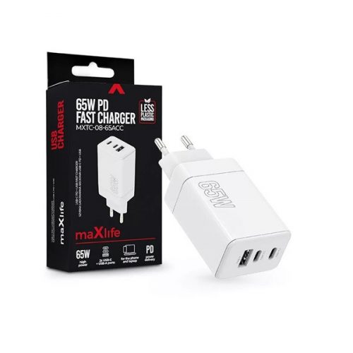 Maxlife ML081100 65W 2xType-C + USB fehér gyorstöltő adapter