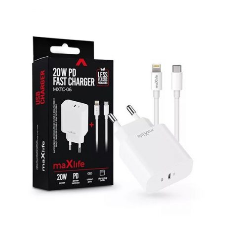 Maxlife ML738416 PD+QC 20W Type-C fehér gyorstöltő adapter + Type-C/Lightning kábel