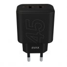 AVAX CH602B SPEEDY+ 45W GaN 2x USB-C PD3.0 fekete gyors töltő adapter