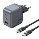 GaN Vention USB-C+C+A 70W töltő + USB-C-C kábel 1m (szürke)