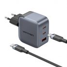 GaN Vention USB-C+C+A 70W töltő + USB-C-C kábel 1m (szürke)