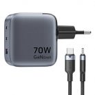 GaN Vention USB-C+C+A 70W töltő + USB-C-C kábel 1m (szürke)