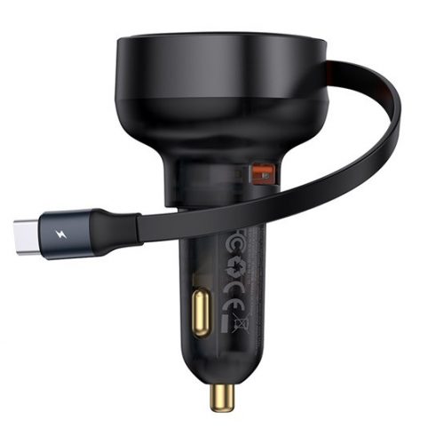 Baseus Enjoyment Pro Car Charger U+Retractable Type-C Cable 60W autós gyorstöltő beépített kábellel, fekete