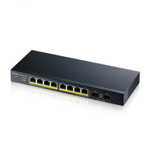 ZYXEL Switch 10x1000Mbps(8xPOE) + 2xGigabit SFP, Fémházas Menedzselhető (8GbE port), GS1900-10HP-EU0102F