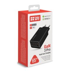   COLORWAY USB töltő adapter, GaN3 Pro Power Delivery (USB-A + 2 USB TYPE-C) (65W) fekete (CW-CircleOne039PD-BK)