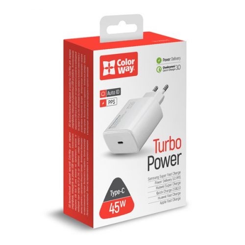 COLORWAY USB töltő adapter, Power Delivery Port PPS USB Type-C (45W)  white (CW-CHS034PD-WT)