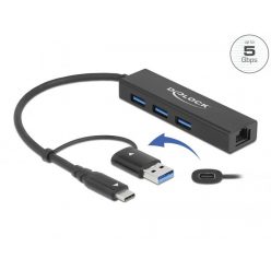   DeLock 3 Port USB 3.2 Gen 1 Hub + Gigabit LAN with USB Type-C or USB Type-A connector Black