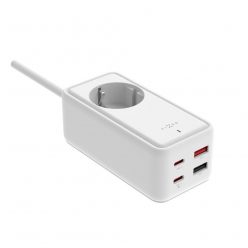   FIXED hálózati USB töltő, GaN III technológia, kimenetetk: 2 * USB-A QC3.0, 2 * USB-C PD3.0 65W , 1*220V, 3m kábel, fehér