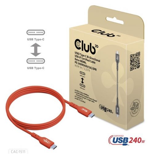 Club3D USB2 Type-C Bi-Directional USB-IF Certified Cable Data 480Mb, PD 240W(48V/5A) EPR M/M 1m / 3.23 ft