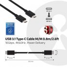 Club3D USB TYPE C 3.1 GEN 2 MALE TO TYPE C MALE USB 3.1 (10Gbps) Type C PD 100W  0.8M/2.6Ft kábel Support 4K60HZ