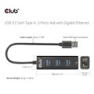 Club3D USB 3.2 Gen1 Type-A, 3 Ports Hub with Gigabit Ethernet