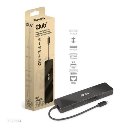 Club3D USB3.2 Gen2 Type-C, 6-in-1 Dual Displays Portable Dock with USB Type-C Video 4K60Hz