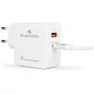 Bluestork Hálózati töltő - PW-BS-65-GAN-C-A-W (USB-C, USB-A, 65W, 1,8m kábel, gyorstöltés, fehér)