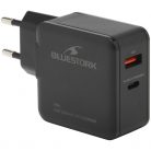 Bluestork Hálózati töltő - PW-BS-65-GAN-C-A (USB-C, USB-A, 65W, 1,8m kábel, gyorstöltés, fekete)