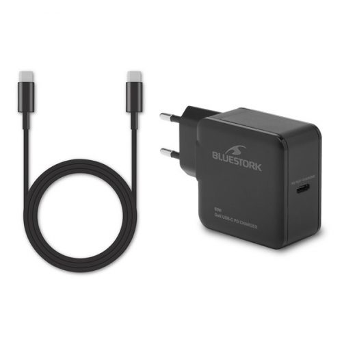 Bluestork Hálózati töltő - PW-BS-65-GAN-C (USB-C, 65W, 1,8m kábel, gyorstöltés, fekete)