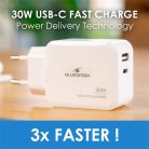 Bluestork Hálózati töltő - PW-NB-30-C-A/2 (USB-C, USB-A, 30W, fehér)