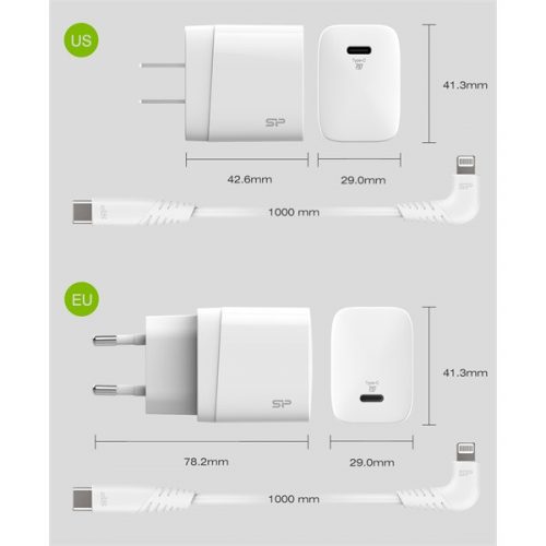 Silicon Power Telefon töltő - QM10 Type-C töltő + LK20CL Type-C -Lightning Kábel (18W töltő, 1m kábel, EU verzió)