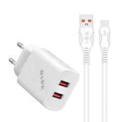   S-Link Hálózati töltő - SL-EC50T (2db USB, 5V/2.4A, 12W, Gyorstöltés, USB Type-C, 100cm adat+töltőkábel, fehér)